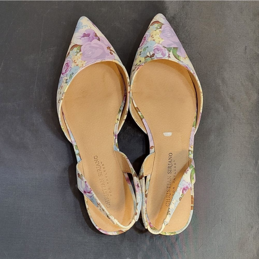 CHRIS SIRIANO POINTED TOE FLORAL PRINT DESIGN BACK STRAP SHOE